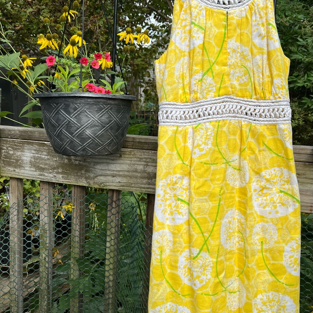 Lilly Yellow And White Linen Dress Rick Rack Linen Lined Size 10 Preowned As Is